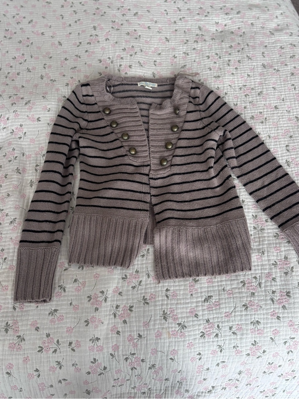 Striped Button-Front Knit Cardigan - Dusty Mauve/Black